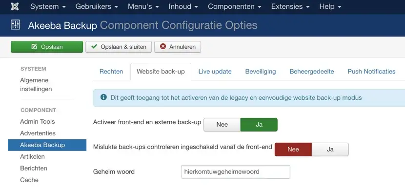 akeeba front end setting