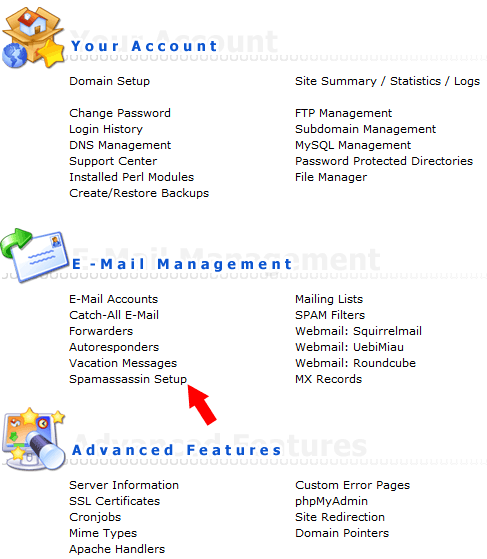Control panel DirectAdmin SpamAssassin Setup